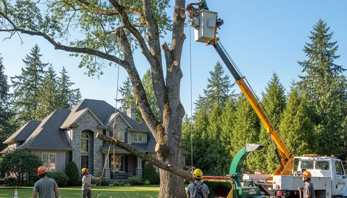Professional arborists performing safe tree removal with crane equipment in Bellevue, NE