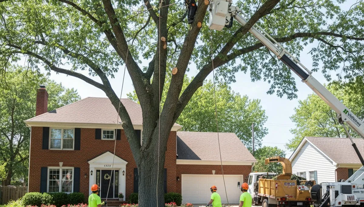 Arborists performing large tree removal with bucket truck in Bellevue, NE residential neighborhood