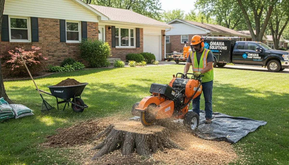 Professional stump grinding service removing tree stumps in Bellevue, NE for lawn restoration