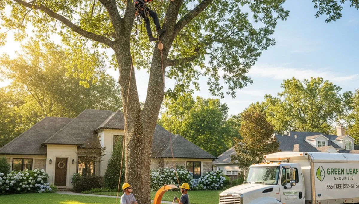 Arborist trimming oak branches in Bellevue, NE for professional tree care and seasonal pruning services